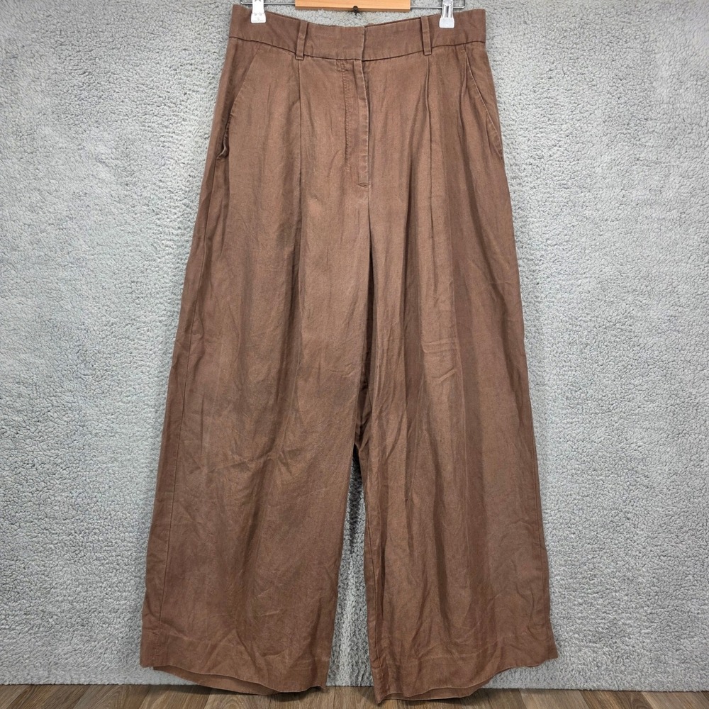 COS Women Brown Lyocell Linen Blend Wide Leg Pleated Trousers Size 10